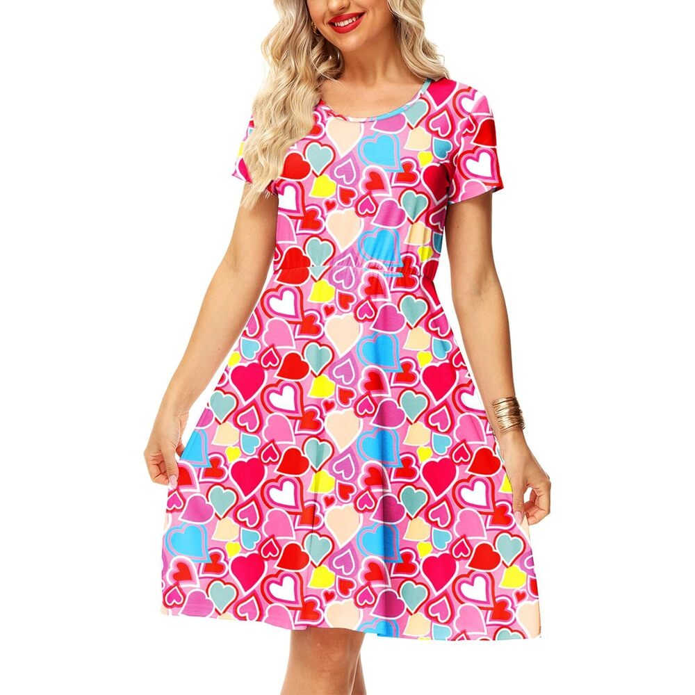 6975 Valentines Dresses Colorful Pink Heart Dress Cute Short Sleeve Casual